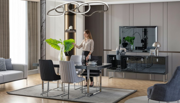 Meubles de salle à manger modernes Table à manger en bois 4 chaises en textile Buffet Miroir