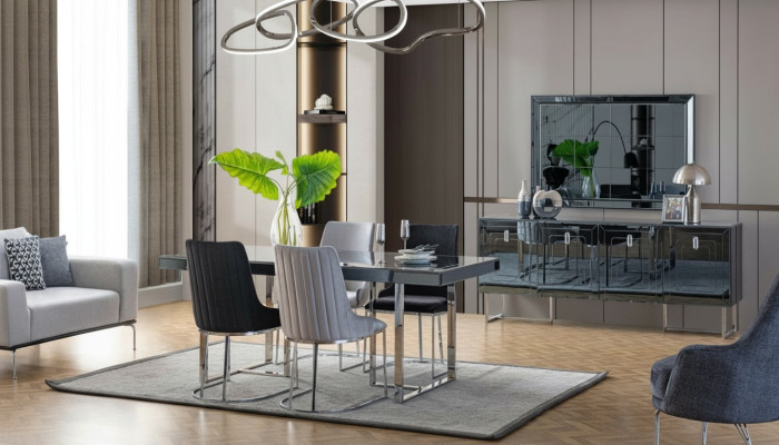 Meubles de salle à manger modernes Table à manger en bois 4 chaises en textile Buffet Miroir