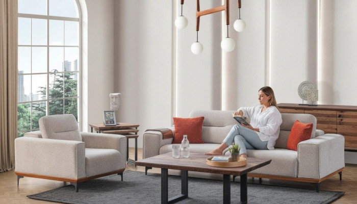 Ensemble de canapé rembourré blanc Trois places Fauteuil Table basse Tables d'appoint