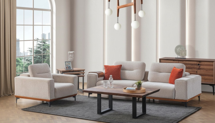 Ensemble de canapé rembourré blanc Trois places Fauteuil Table basse Tables d'appoint