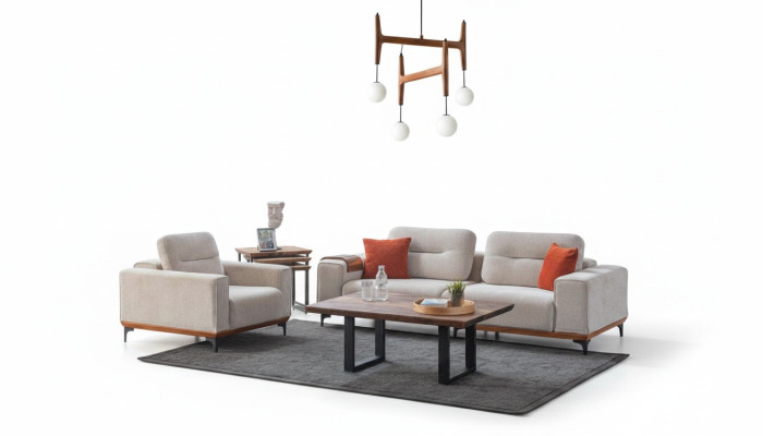 Ensemble de canapé rembourré blanc Trois places Fauteuil Table basse Tables d'appoint