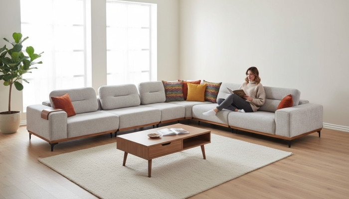 Canapé d'angle gris exclusif en forme de L, suite luxueuse meubles de salon.