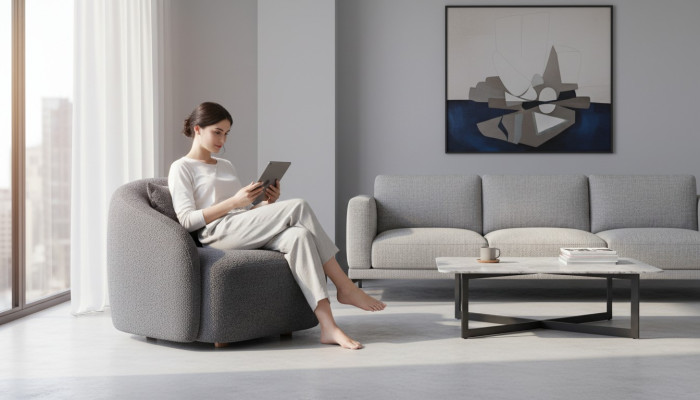Fauteuil gris Chaise de détente Fauteuil de salon Rembourrage en textile Siège simple Meuble