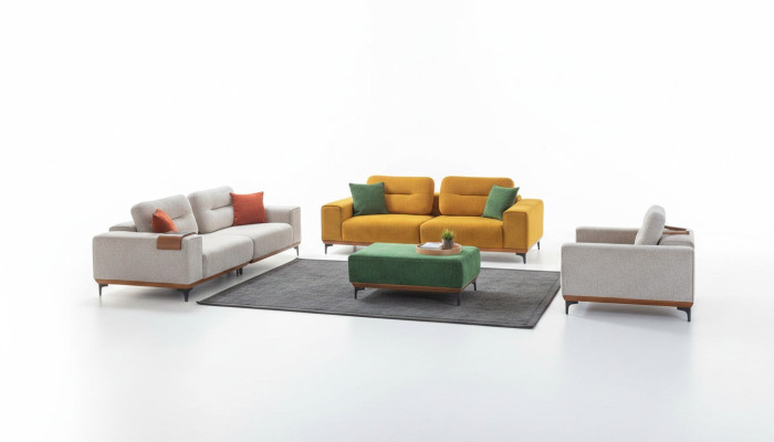 Grand ensemble de salon avec 3 canapés en textile, des tabourets rembourrés et 3 tables d'appoint