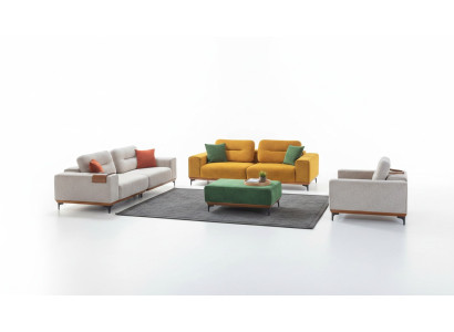 Grand ensemble de salon avec 3 canapés en textile, des tabourets rembourrés et 3 tables d'appoint