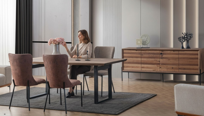 Salle à manger de luxe en marron Ensemble de table à manger rectangulaire 4x chaises Buffet