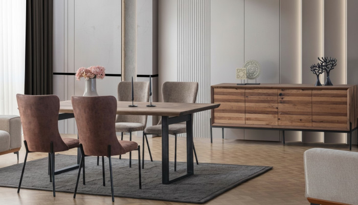 Salle à manger de luxe en marron Ensemble de table à manger rectangulaire 4x chaises Buffet