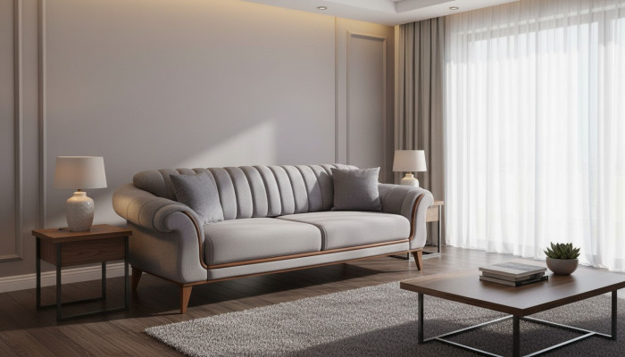 Canapé gris Designer Salon 3 places Cadre en bois Canapés en textile