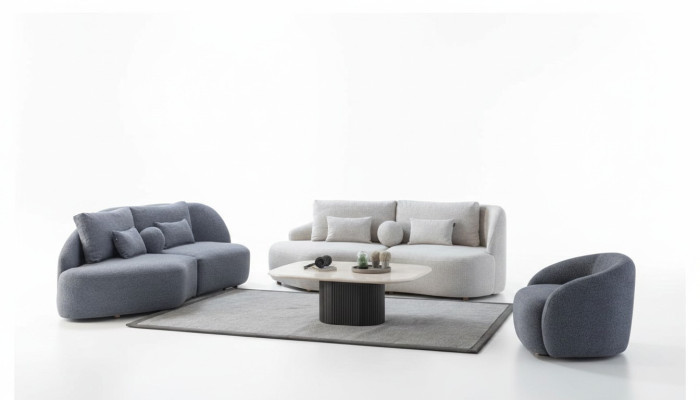 Salon gris-blanc Ensemble 3+3 places Fauteuil design en textile en 3 pièces