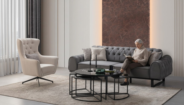 Canapé Chesterfield gris trois places en tissu de luxe fauteuil blanc 2 pièces Ensemble