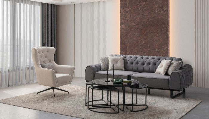 Canapé Chesterfield gris trois places en tissu de luxe fauteuil blanc 2 pièces Ensemble