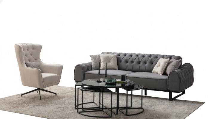 Canapé Chesterfield gris trois places en tissu de luxe fauteuil blanc 2 pièces Ensemble