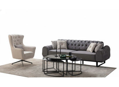 Canapé Chesterfield gris trois places en tissu de luxe fauteuil blanc 2 pièces Ensemble