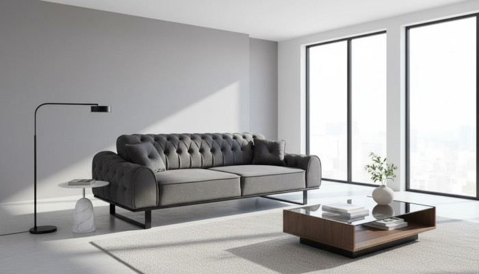 Canapé chesterfield gris 3 places - Canapé de salon de designer chic à trois places