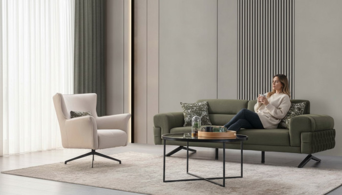 Ensemble de sièges de salon vert et blanc exclusif avec un fauteuil rembourré trois places