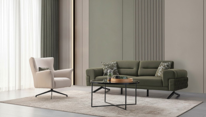 Ensemble de sièges de salon vert et blanc exclusif avec un fauteuil rembourré trois places