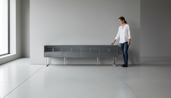 Meuble TV bas gris exclusif pour salon avec portes vitrées 4.