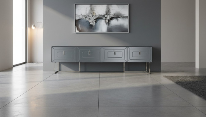 Meuble TV bas gris exclusif pour salon avec portes vitrées 4.