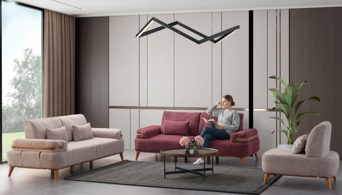 Ensemble de canapé beige-rose exclusif pour trois personnes, rembourrage pour canapé trois places et fauteuil une place.