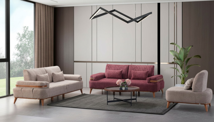Ensemble de canapé beige-rose exclusif pour trois personnes, rembourrage pour canapé trois places et fauteuil une place.