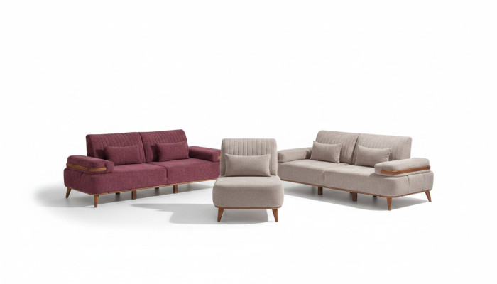 Ensemble de canapé beige-rose exclusif pour trois personnes, rembourrage pour canapé trois places et fauteuil une place.