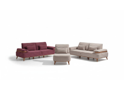 Ensemble de canapé beige-rose exclusif pour trois personnes, rembourrage pour canapé trois places et fauteuil une place.