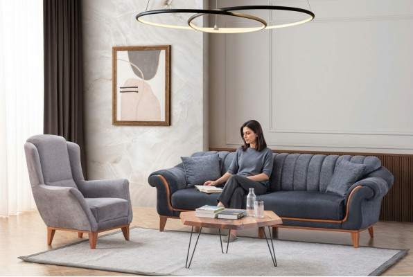 Ensemble de sièges de salon bleu-gris Élégant fauteuil de luxe 3 places Ensemble de 2 pièces