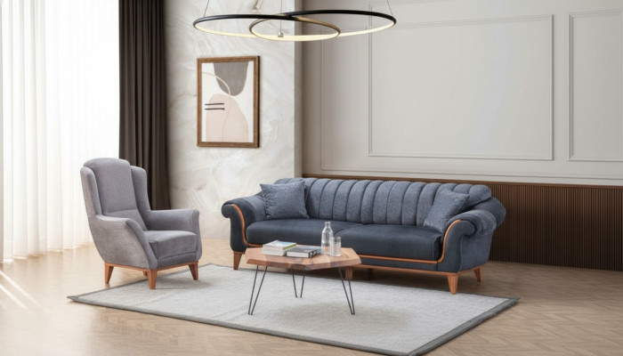 Ensemble de sièges de salon bleu-gris Élégant fauteuil de luxe 3 places Ensemble de 2 pièces