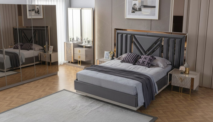Lit double en acier inoxydable noir, meubles de chambre exclusifs, tables de chevet.