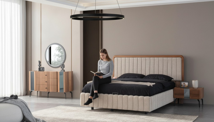 Meubles de chambre lumineux Lit double Coiffeuse Miroir 2x Tables de chevet
