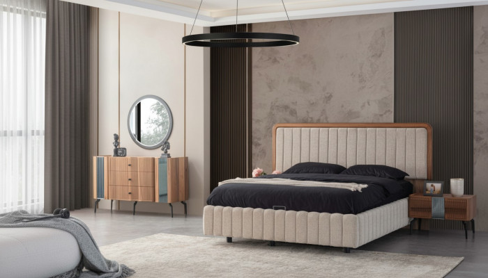 Meubles de chambre lumineux Lit double Coiffeuse Miroir 2x Tables de chevet