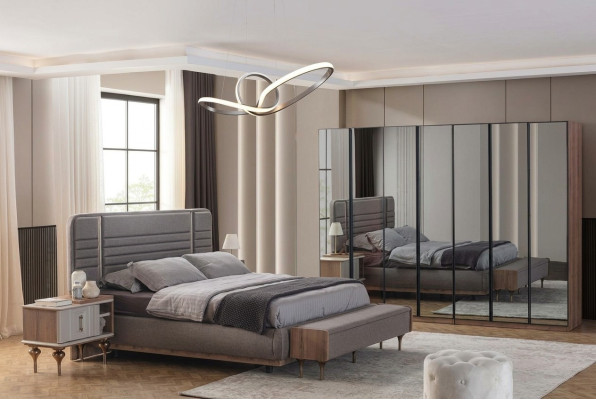 Ensemble de meubles de chambre moderne Lit double Tables de chevet Vitrine en verre