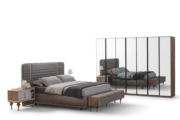 Ensemble de meubles de chambre moderne Lit double Tables de chevet Vitrine en verre