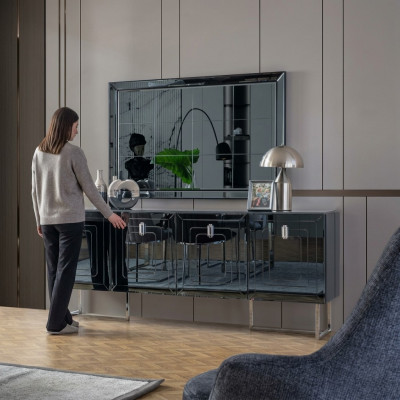 Mobilier de salle à manger gris Miroir en verre Designer Buffet en acier inoxydable Ensemble de luxe