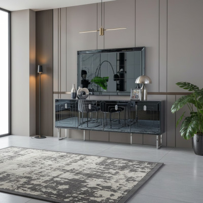 Mobilier de salle à manger gris Miroir en verre Designer Buffet en acier inoxydable Ensemble de luxe
