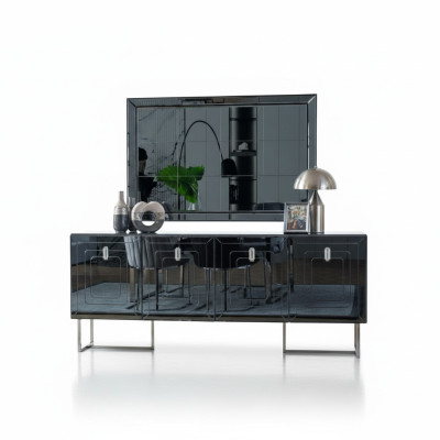 Mobilier de salle à manger gris Miroir en verre Designer Buffet en acier inoxydable Ensemble de luxe