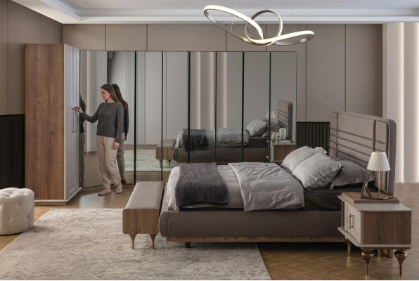 Ensemble de chambre à coucher design Lit double 2x Tables de chevet Armoire d'angle 4 pièces