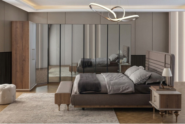 Ensemble de chambre à coucher design Lit double 2x Tables de chevet Armoire d'angle 4 pièces