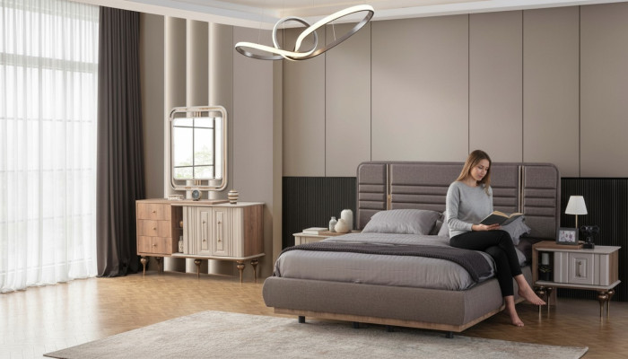 Ensemble de chambre élégant Lit rembourré Tables de chevet Coiffeuse Miroir