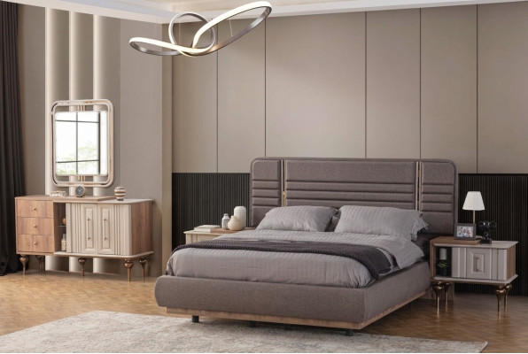 Ensemble de chambre élégant Lit rembourré Tables de chevet Coiffeuse Miroir