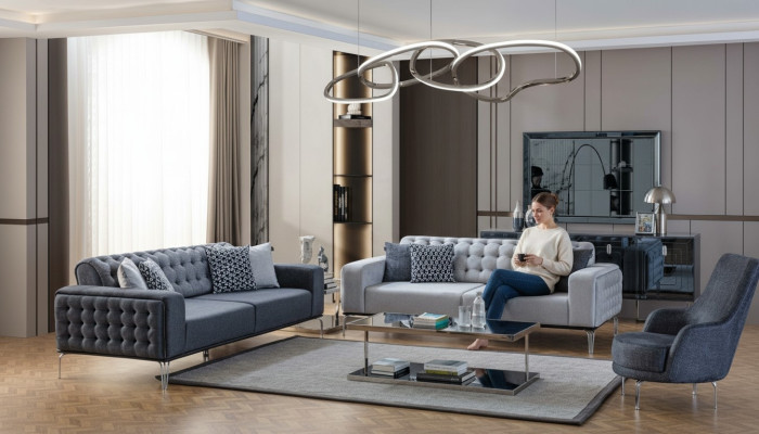 Ensemble de canapés Chesterfield gris pour salon, canapé trois places + fauteuil