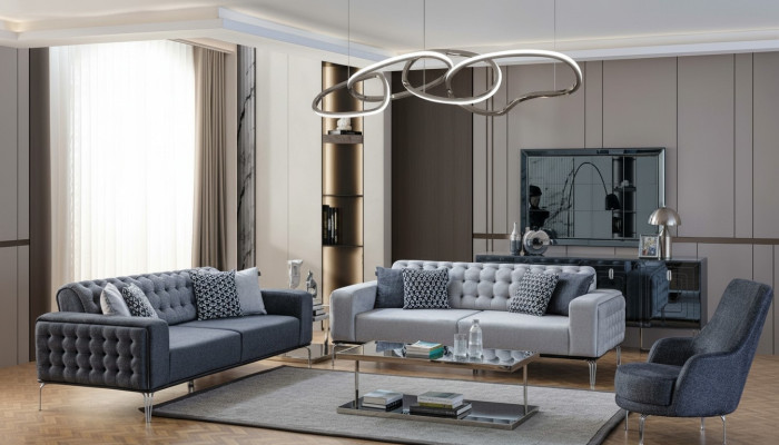 Ensemble de canapés Chesterfield gris pour salon, canapé trois places + fauteuil