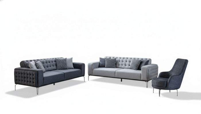 Ensemble de canapés Chesterfield gris pour salon, canapé trois places + fauteuil