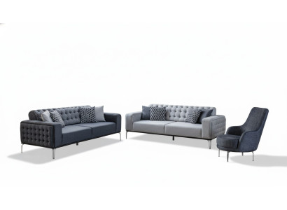 Ensemble de canapés Chesterfield gris pour salon, canapé trois places + fauteuil