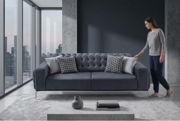 Canapés textile trois places Chesterfield gris pour salon