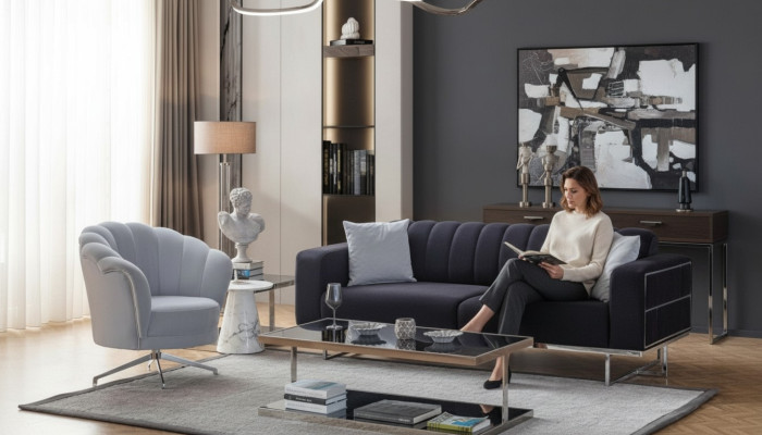 Set de sièges modernes, canapés en textile, designer, trois places, fauteuil rembourré.