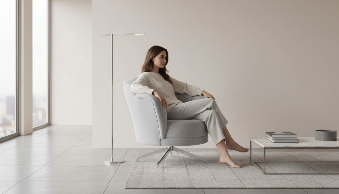 Fauteuil gris design pour le salon Élégant fauteuil individuel de luxe avec pieds en acier inoxydable.