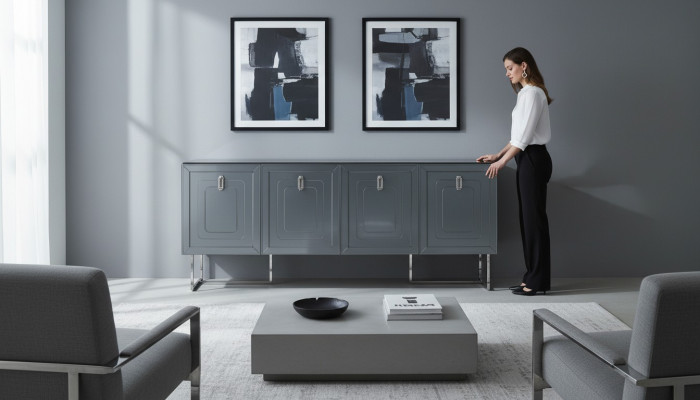 Buffet de salon gris en bois de luxe avec 4 portes et tiroirs design.