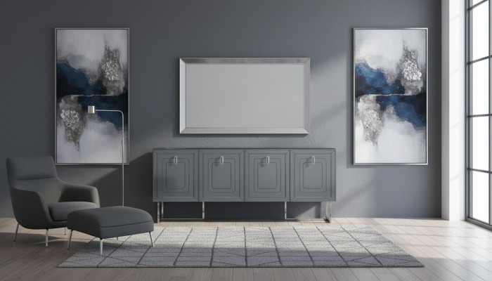 Buffet de salon gris en bois de luxe avec 4 portes et tiroirs design.