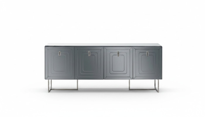 Buffet de salon gris en bois de luxe avec 4 portes et tiroirs design.